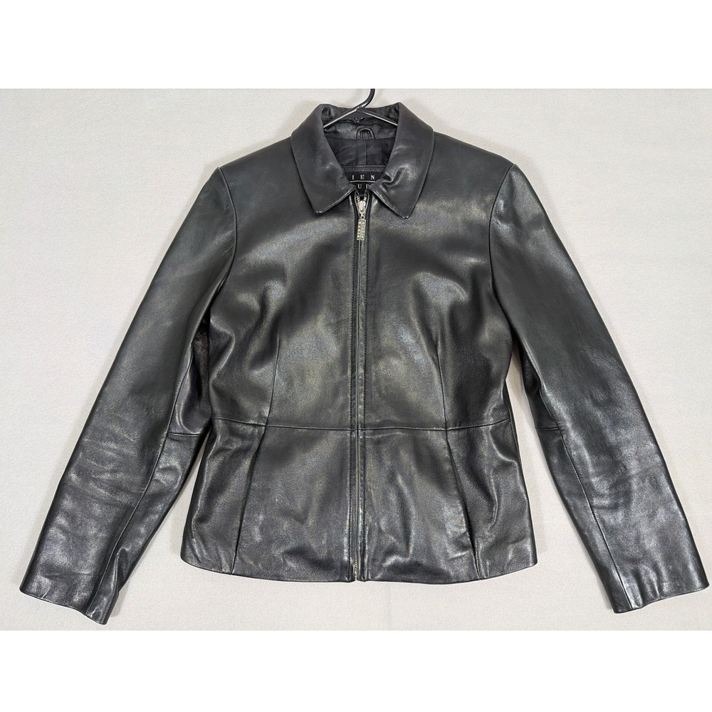 Siena Studio Women Black Leather Zip Up Jacket Small RN 75247 Minimalist Classic
